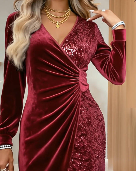 Women's Sequin Party Dress - Long Sleeve V-Neck Bodycon Dress