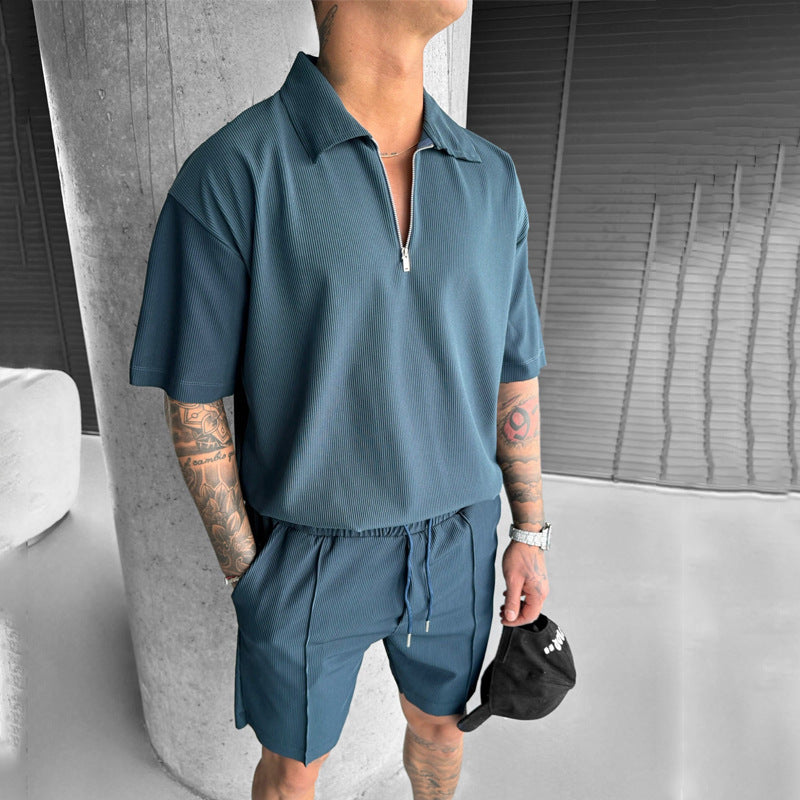 Men's 2-Piece Polo Set - Zipper Shirt & Drawstring Shorts Summer Outfit