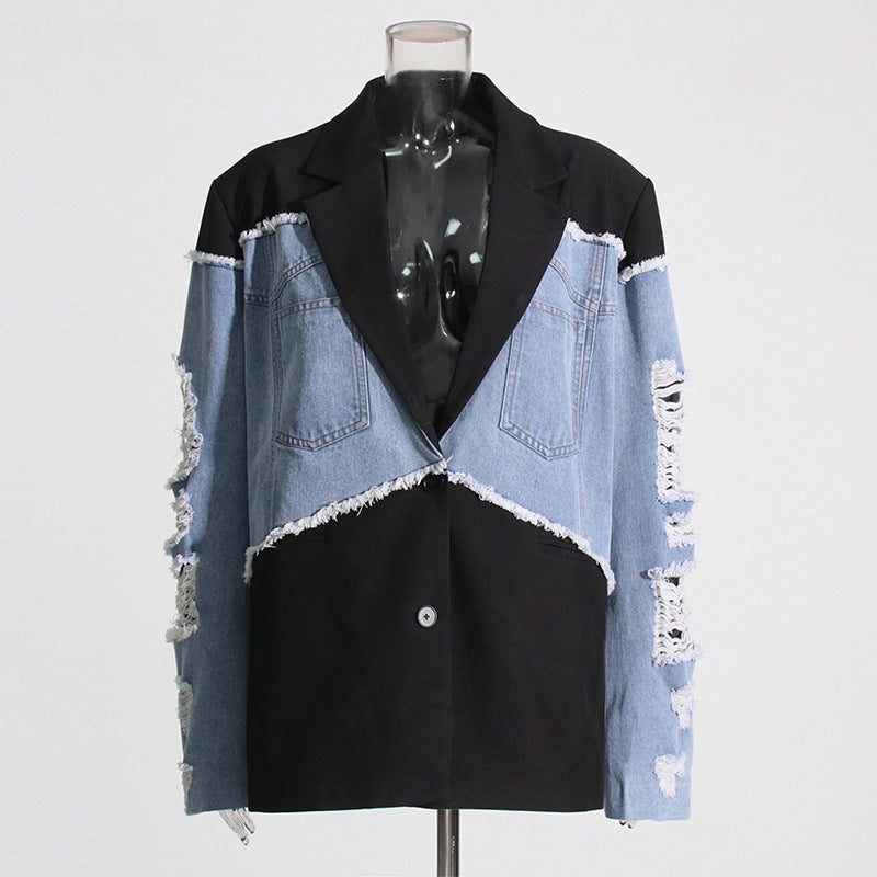 Retro Trendy Denim Patchwork Jacket — Contrast Colour Streetwear