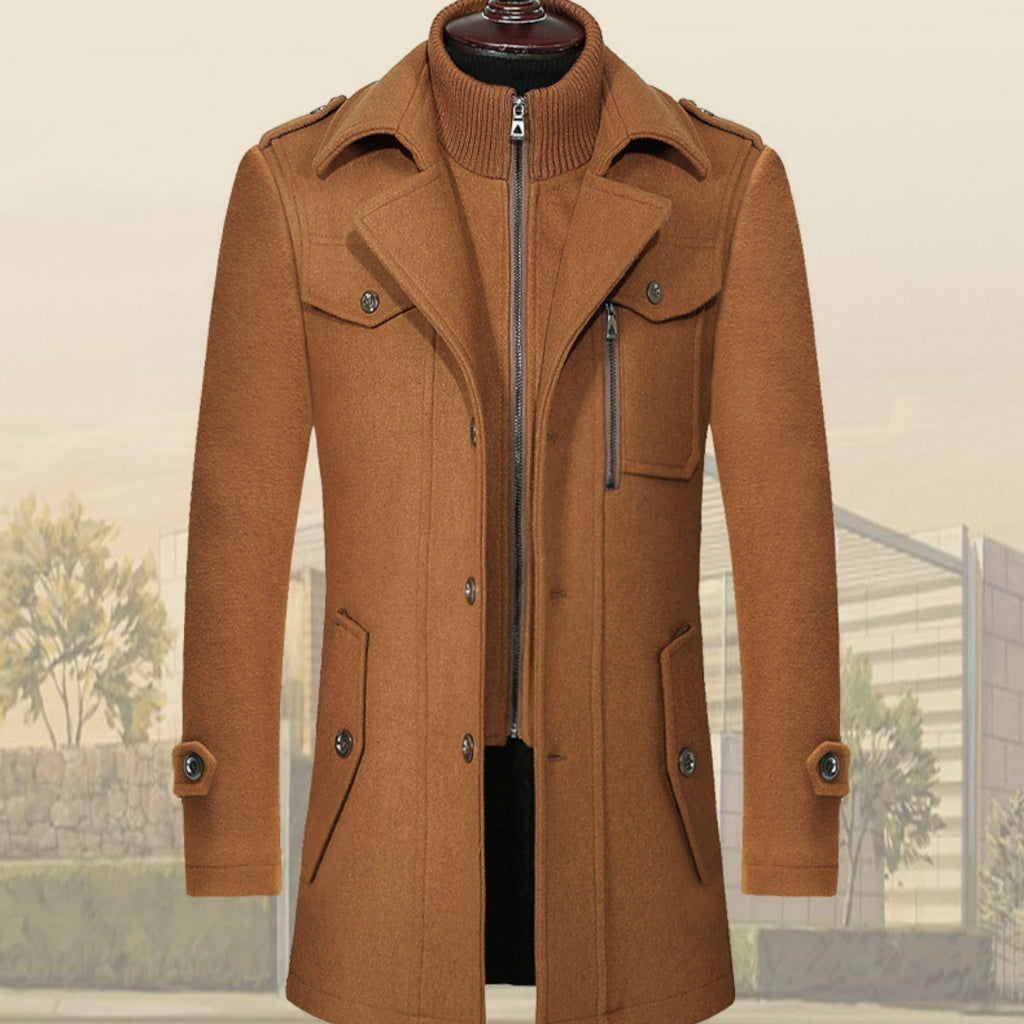 Men's Double Collar Woolen Coat - Vertical Zipper Business Jacket