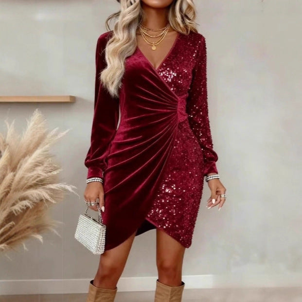 Women's Sequin Party Dress - Long Sleeve V-Neck Bodycon Dress