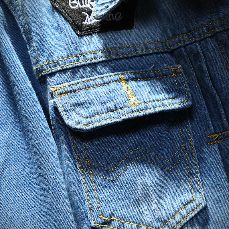 Men's Large Size Denim Jacket - Solid Blue Long Sleeve