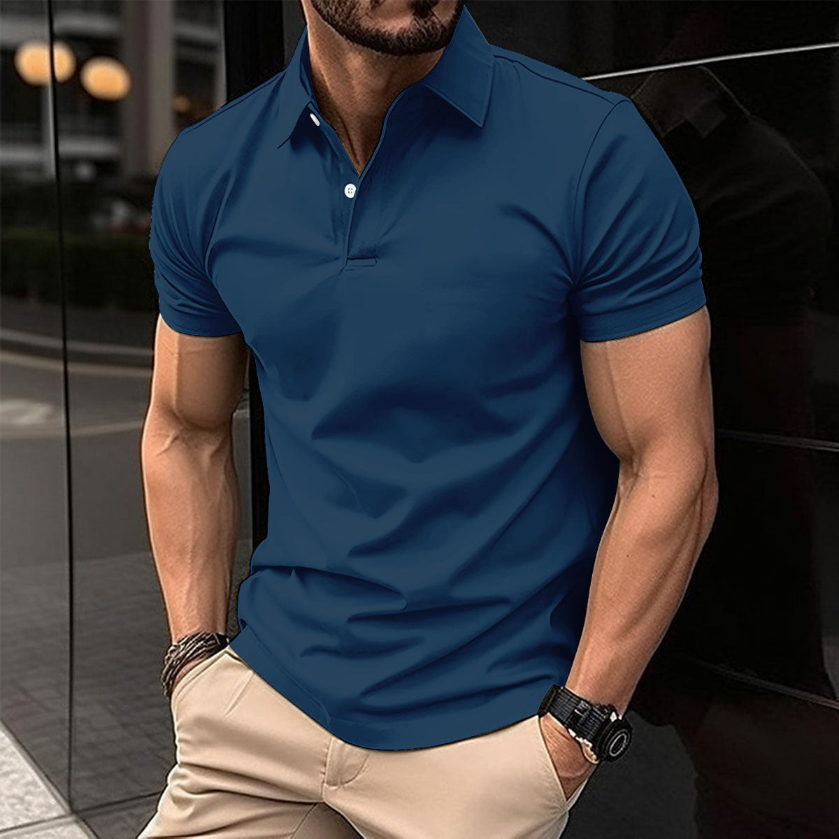 Men's Solid Polo Shirt - Short Sleeve Button Lapel Top