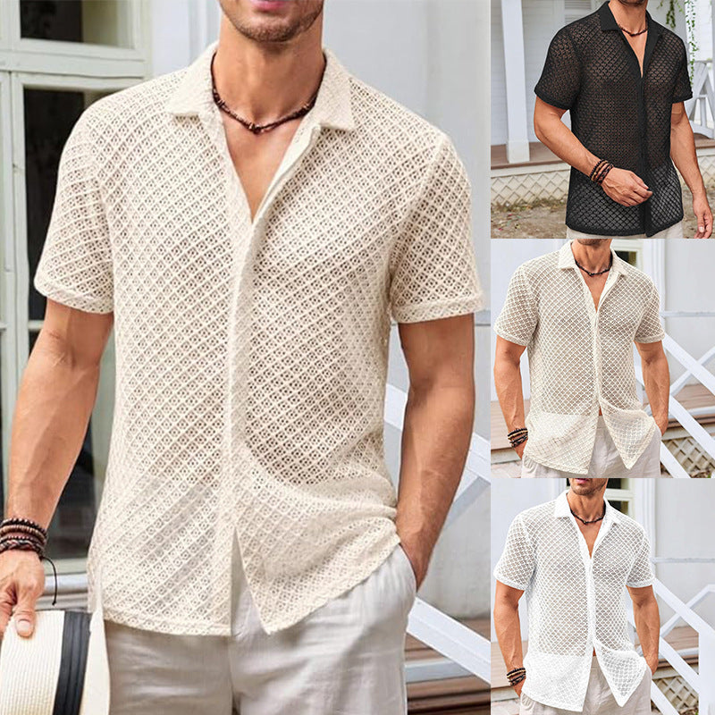 Men's Mesh Beach Shirt - Short Sleeve Lapel Summer Top