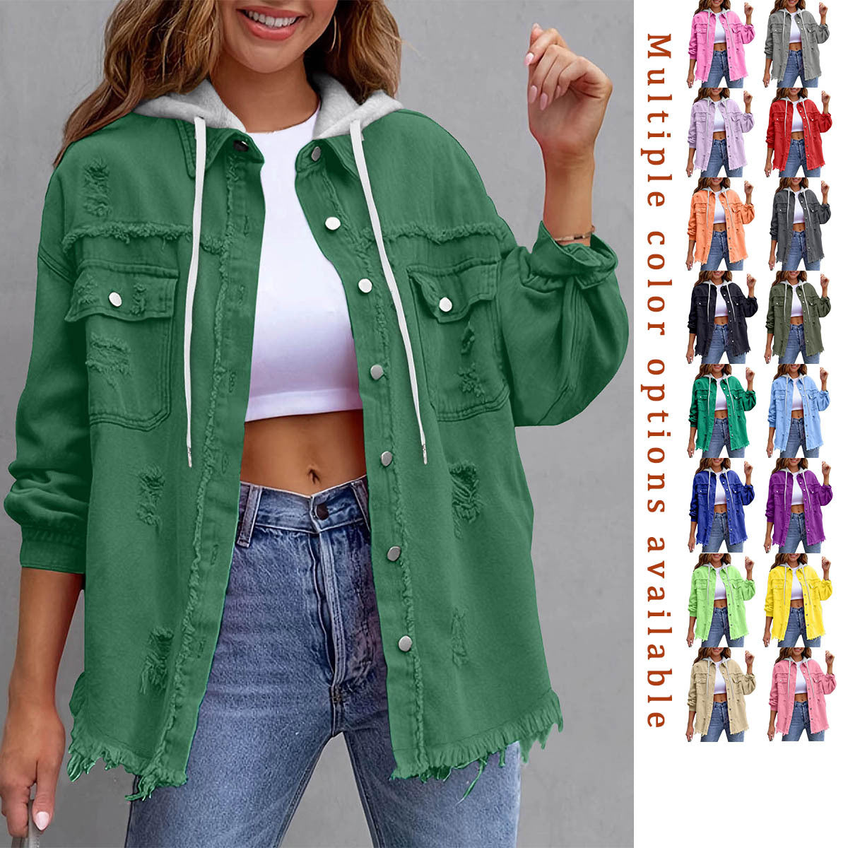Women's Solid-Color Hooded Denim Jacket - 16 Colors Loose Fit