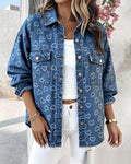 Women's Retro Full Print Heart Jacquard Denim Jacket