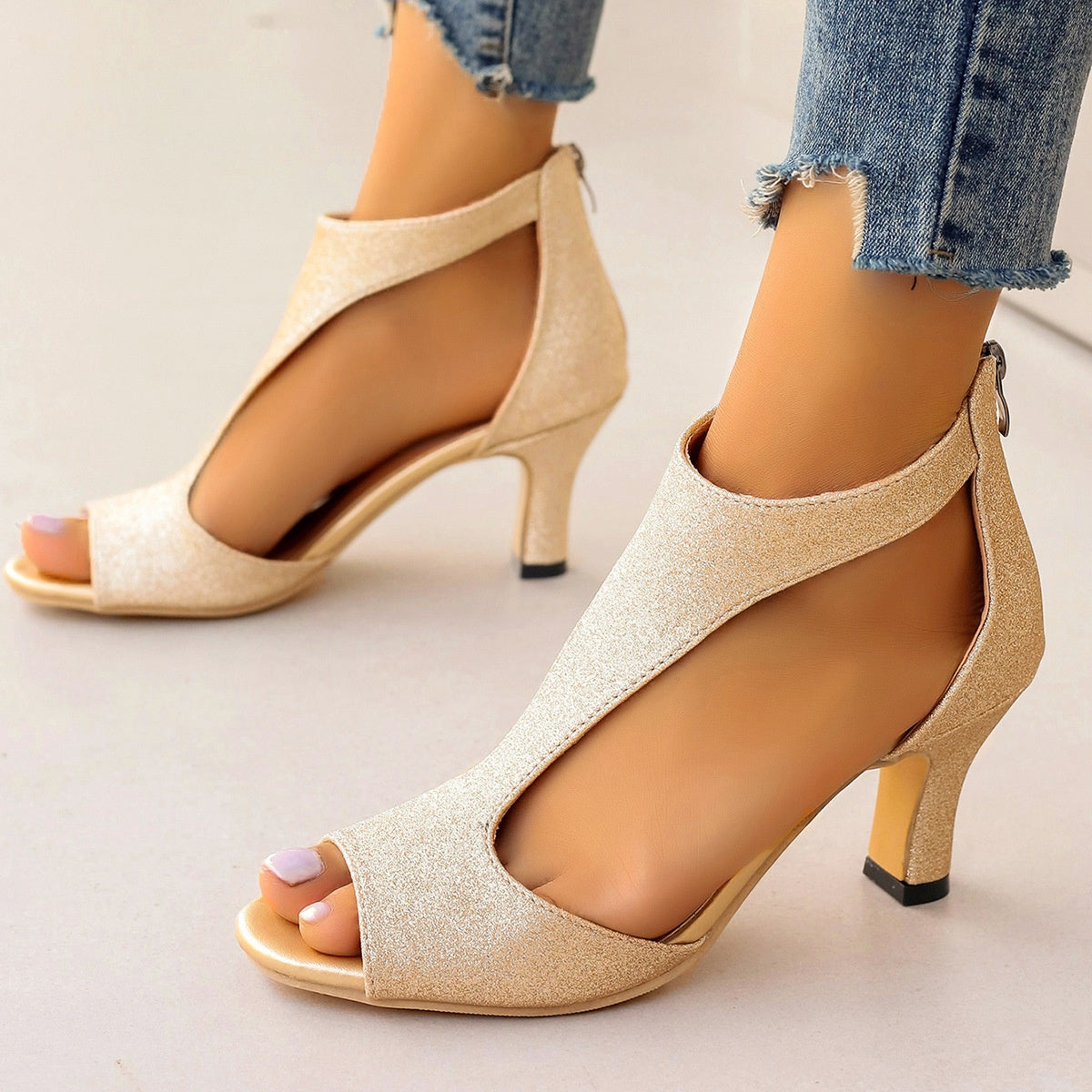 Women's Zippered High Heeled Fish Beak Sandals