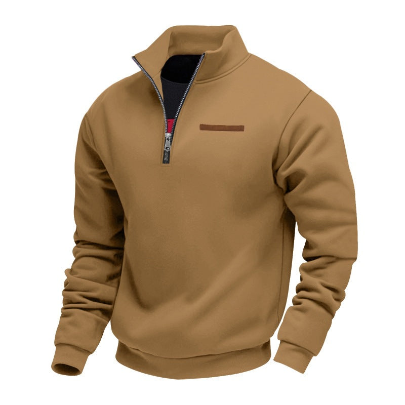 Men's Fleece-Lined Zip-Up Hoodie - Loose Fit Stand Collar