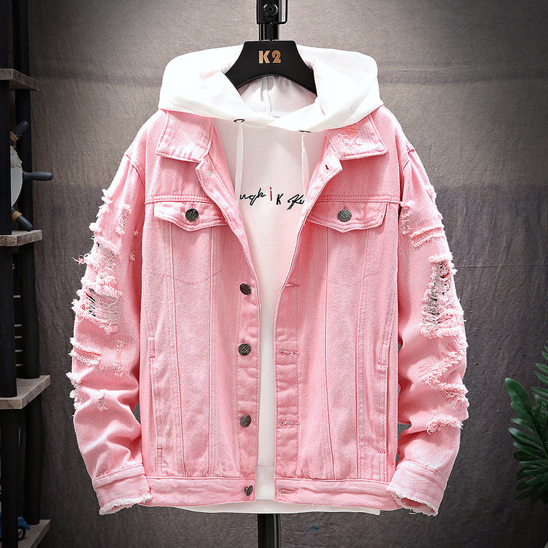 Men's Loose Gradient Denim Jacket - Thick Cotton Stand Collar