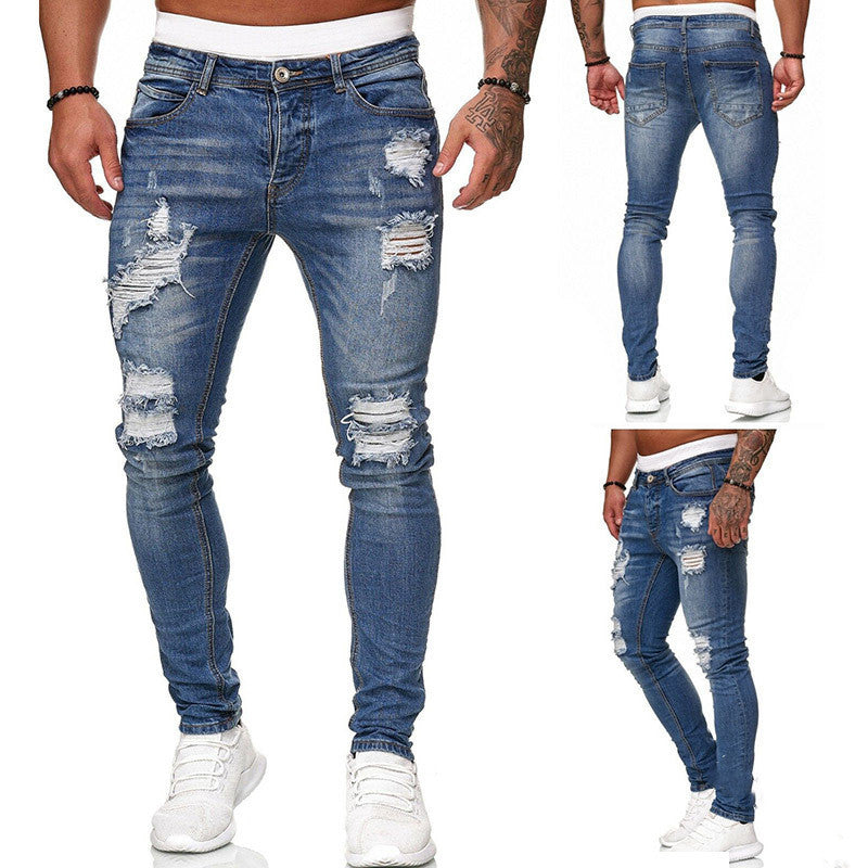 Men's Ripped Skinny Jeans - Vintage Wash Slim Fit Denim Pants