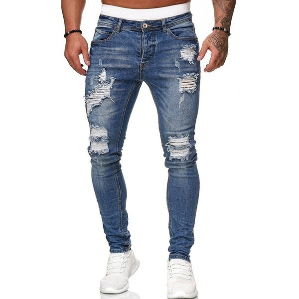 Men's Ripped Skinny Jeans - Vintage Wash Slim Fit Denim Pants