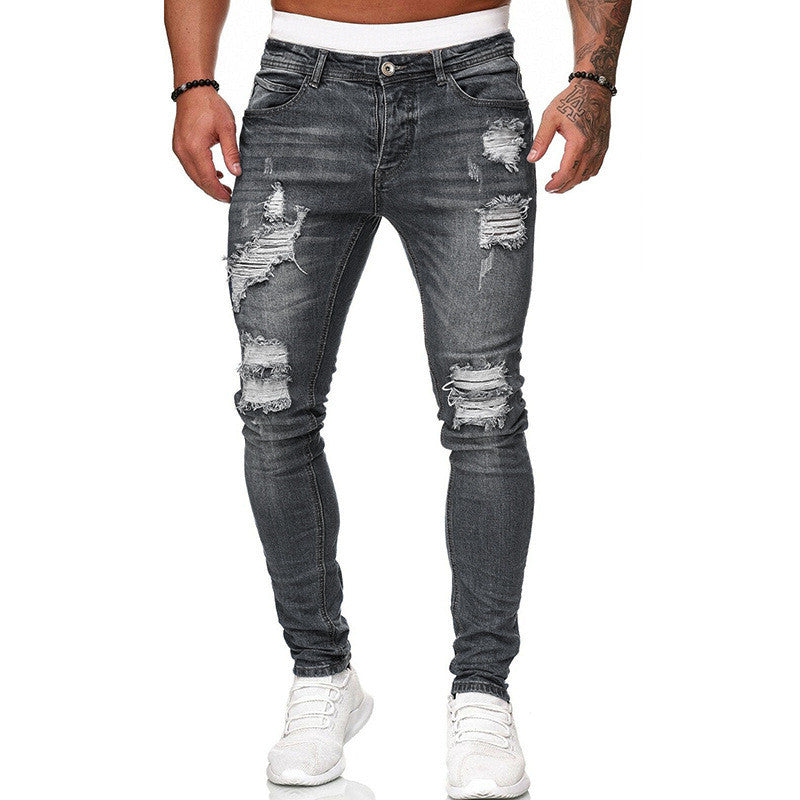 Men's Ripped Skinny Jeans - Vintage Wash Slim Fit Denim Pants