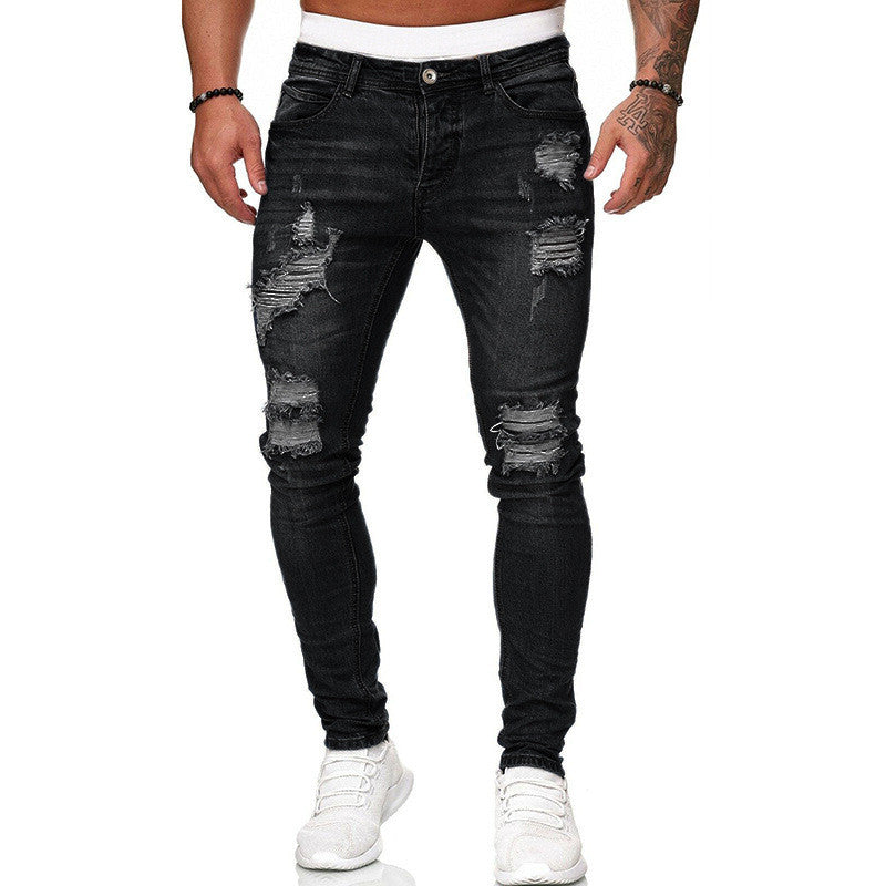 Men's Ripped Skinny Jeans - Vintage Wash Slim Fit Denim Pants