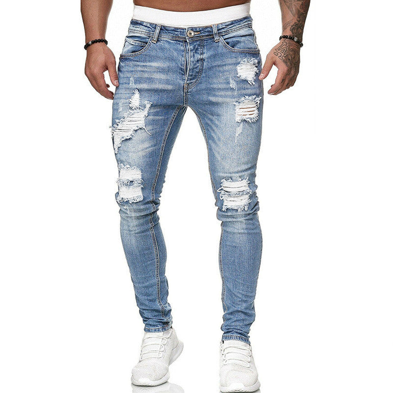 Men's Ripped Skinny Jeans - Vintage Wash Slim Fit Denim Pants