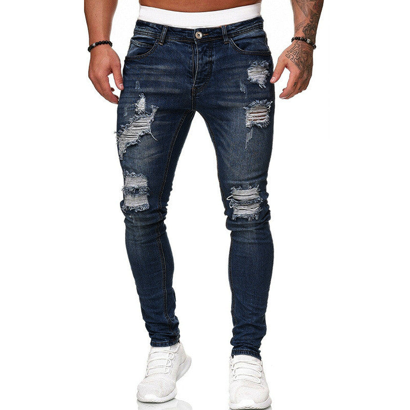 Men's Ripped Skinny Jeans - Vintage Wash Slim Fit Denim Pants