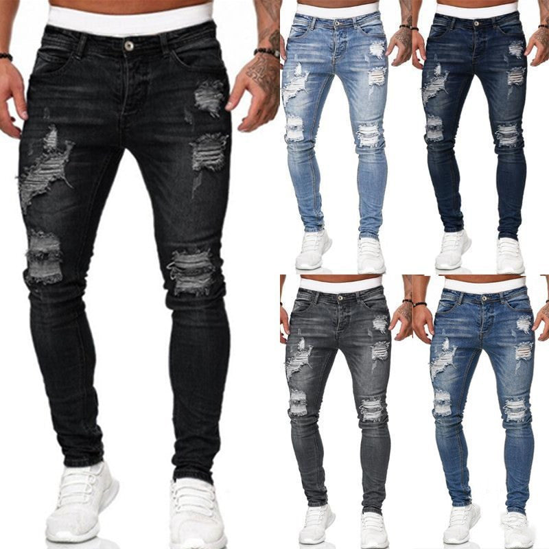 Men's Ripped Skinny Jeans - Vintage Wash Slim Fit Denim Pants