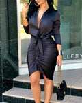 Women's Lace-Up Midi Shirt Dress - Long Sleeve Party Dress
