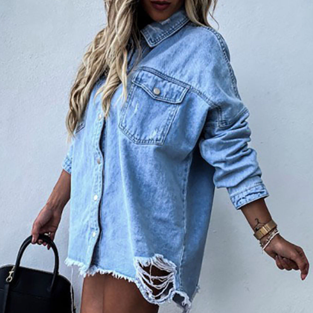 Women's Ripped Denim Jacket - Distressed Mid-Length Top
