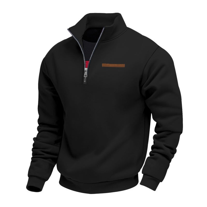 Men's Fleece-Lined Zip-Up Hoodie - Loose Fit Stand Collar