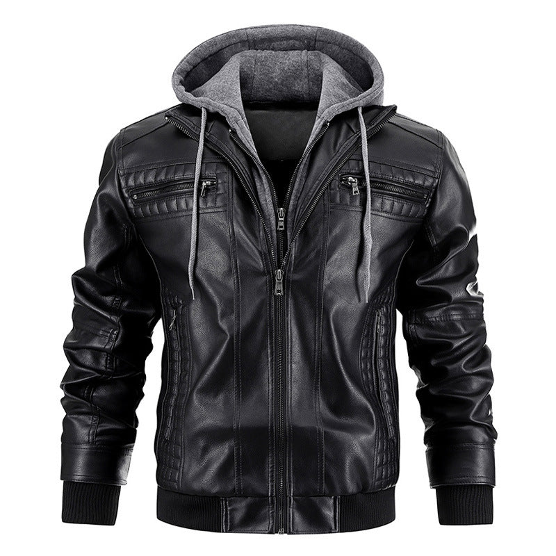 Men's Hooded PU Leather Jacket - Warm Zipper Pockets Fashion Coat