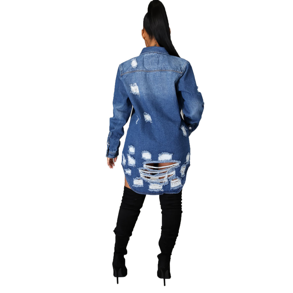 Women's Ripped Distressed Slim Fit Denim Jacket — Street Style