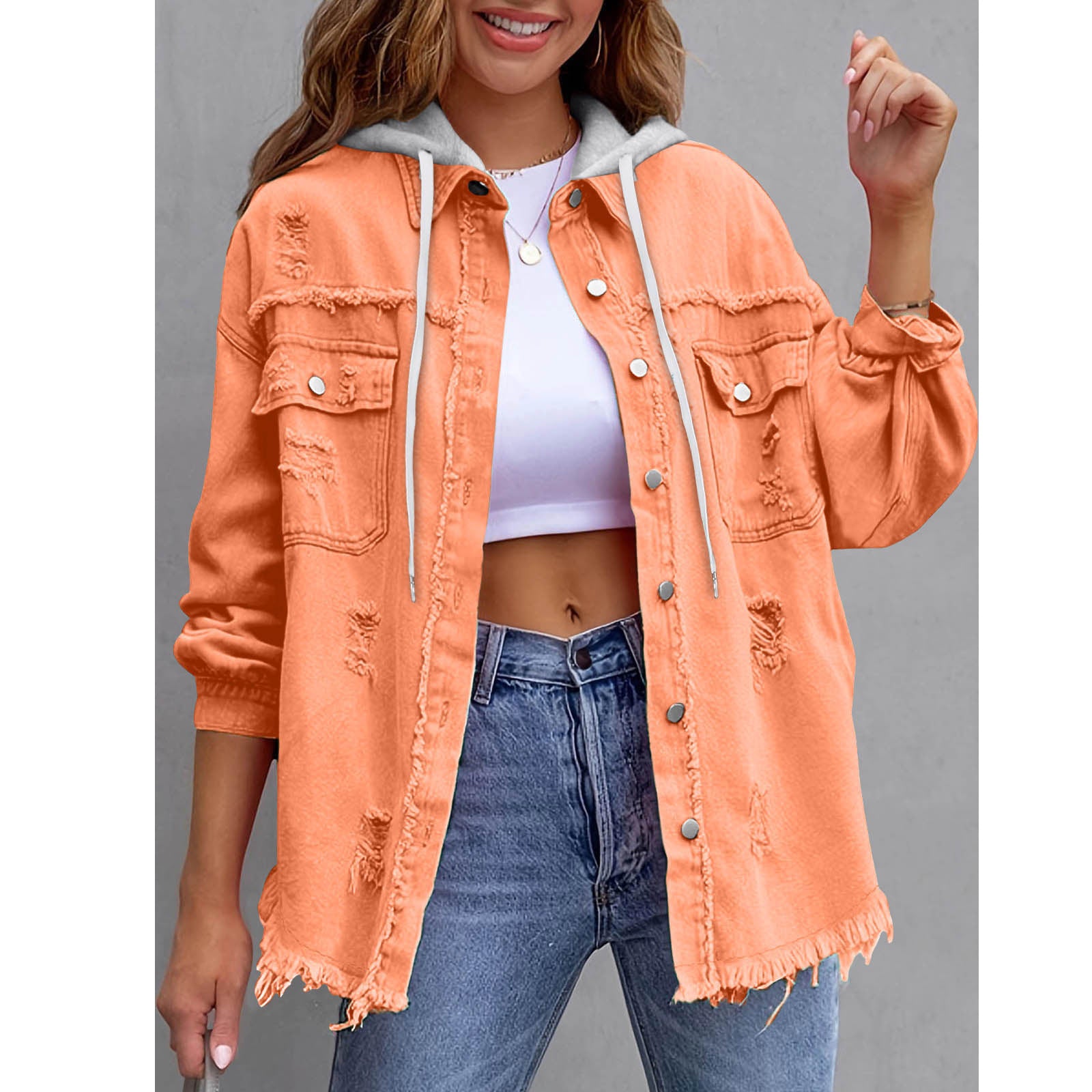Women's Solid-Color Hooded Denim Jacket - 16 Colors Loose Fit
