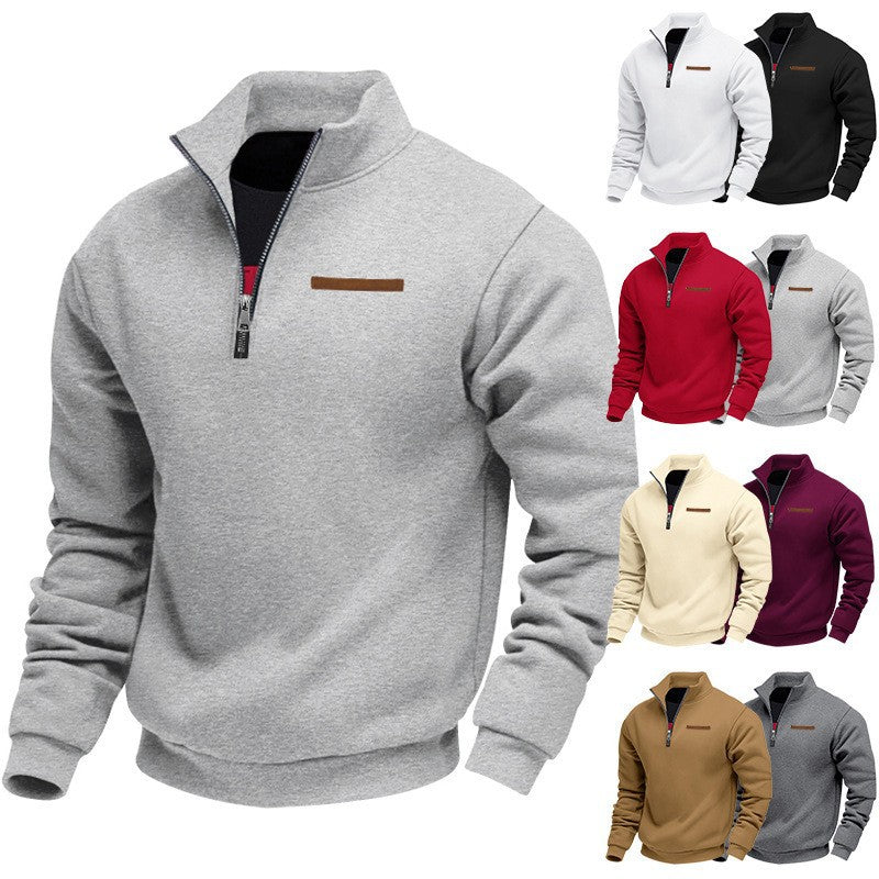 Men's Fleece-Lined Zip-Up Hoodie - Loose Fit Stand Collar