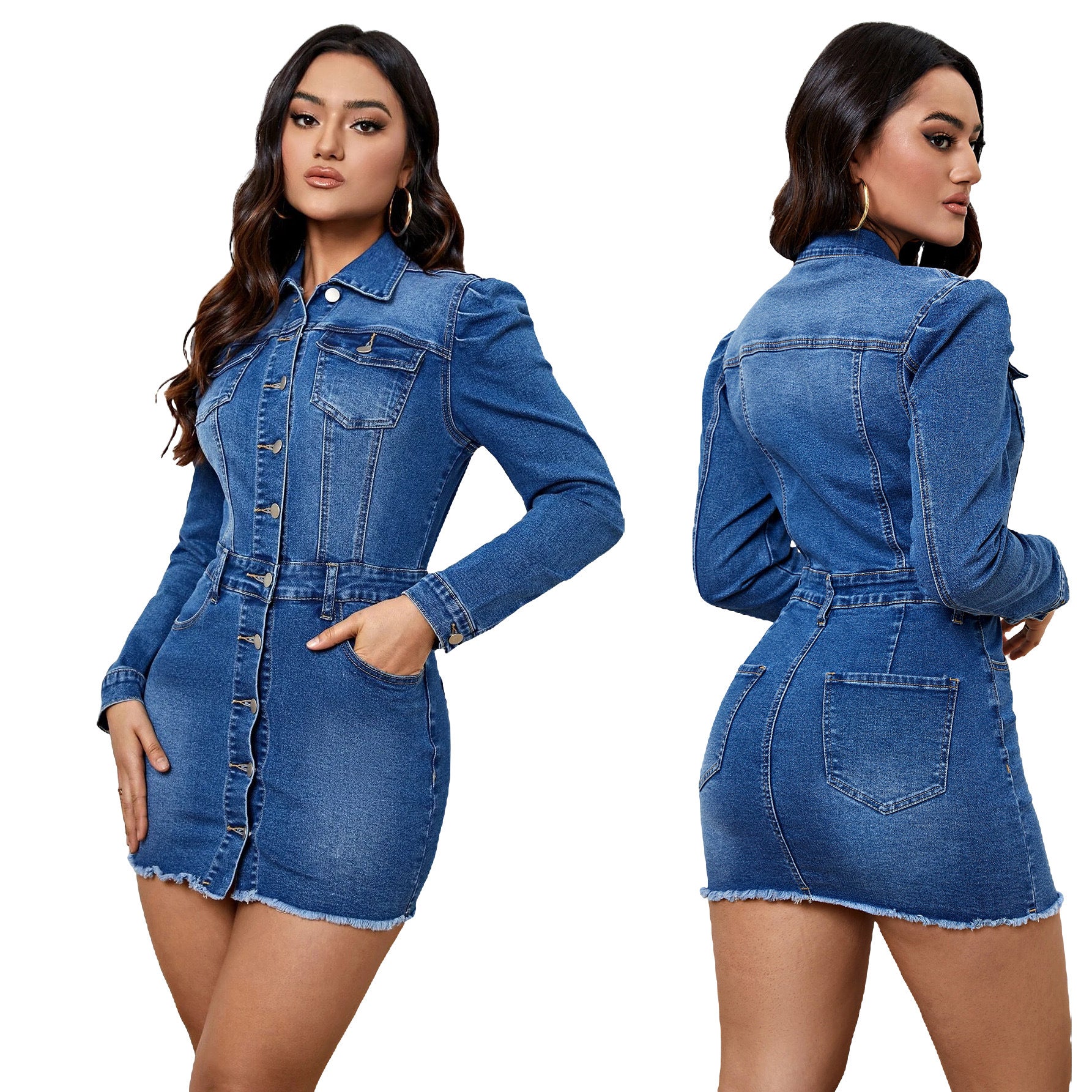 Women's Long Denim Coat — Elegant Long Sleeve Commuter Style