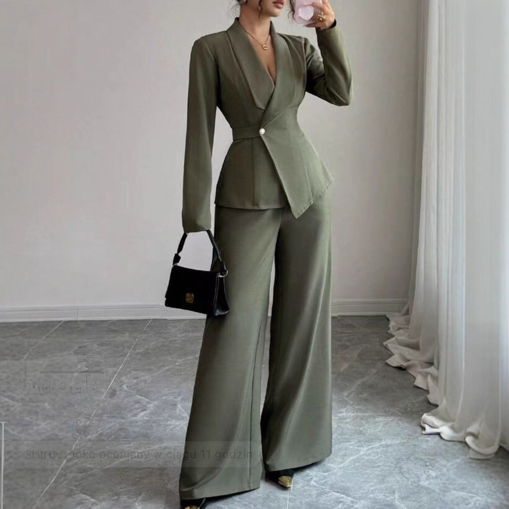 Women's Two-Piece Pants Set - Long Sleeve Top & Straight Leg Trousers