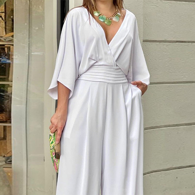 Women's V-neck Short-sleeve Casual Summer Jumpsuit — Solid Colour Street Style