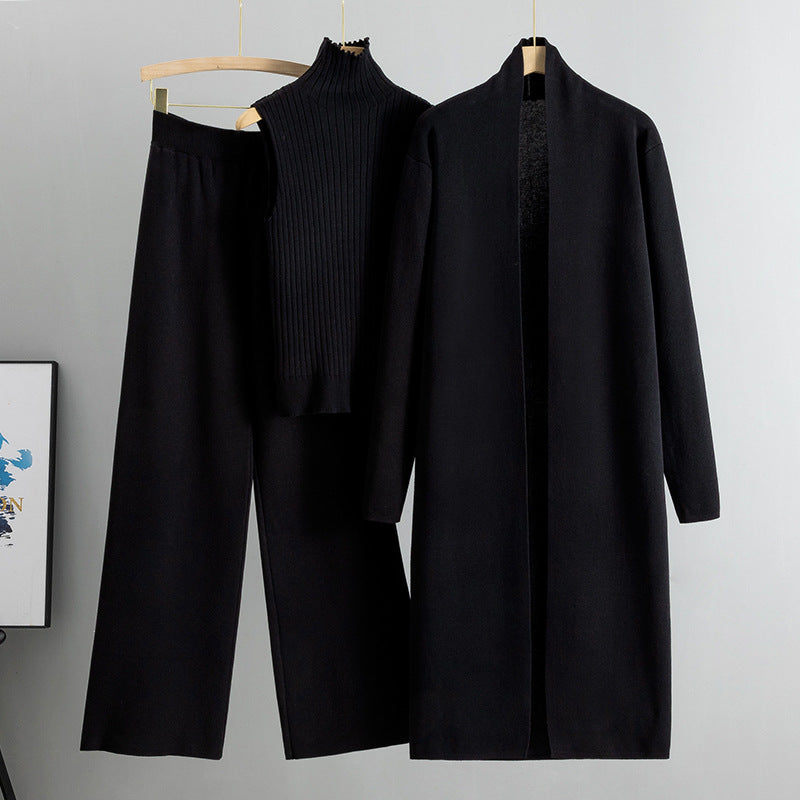 Women's 3-Piece Knit Set - Sleeveless Vest, Long Cardigan & Wide-Leg Pants