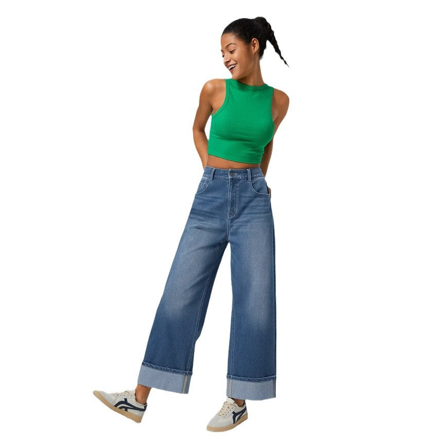 Women's Straight Jeans - High Waisted Denim Pants