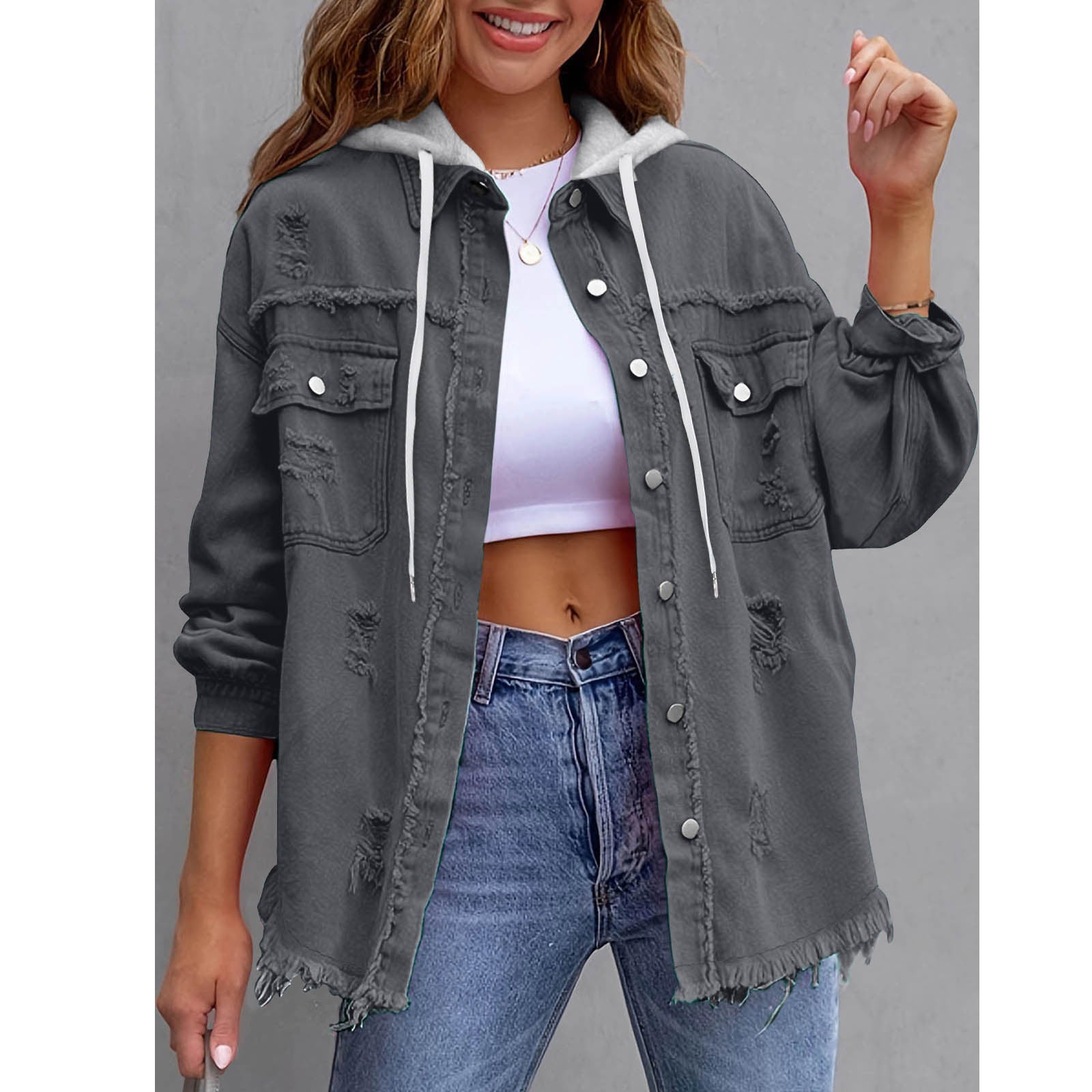Women's Solid-Color Hooded Denim Jacket - 16 Colors Loose Fit