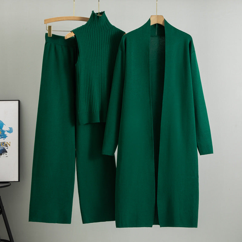 Women's 3-Piece Knit Set - Sleeveless Vest, Long Cardigan & Wide-Leg Pants