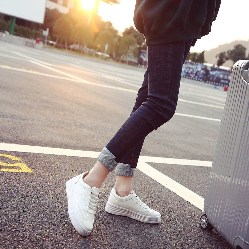 Women's White Platform Sneakers - Korean Style Thick Sole Casual Shoes