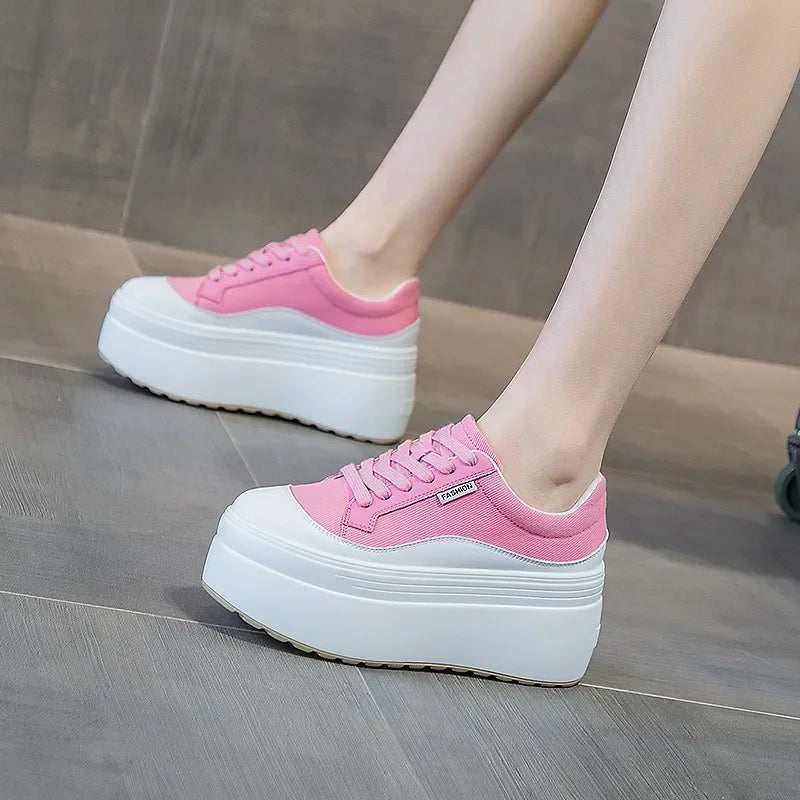 Women's Platform Wedge Sneakers - 8cm Hidden Heel Canvas Shoes