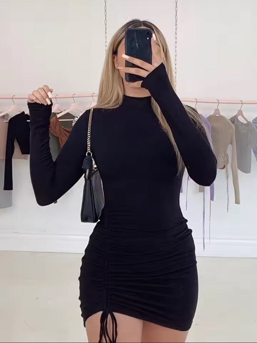 Women's Turtleneck Ruched Drawstring Mini Dress