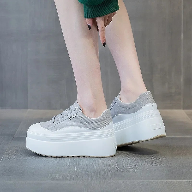 Women's Platform Wedge Sneakers - 8cm Hidden Heel Canvas Shoes