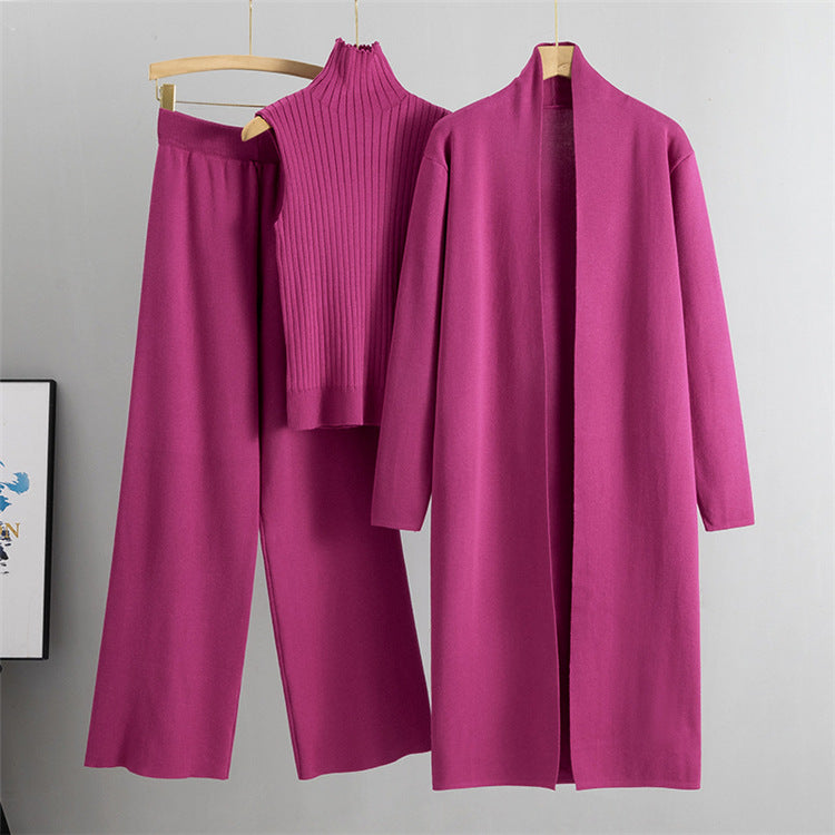 Women's 3-Piece Knit Set - Sleeveless Vest, Long Cardigan & Wide-Leg Pants