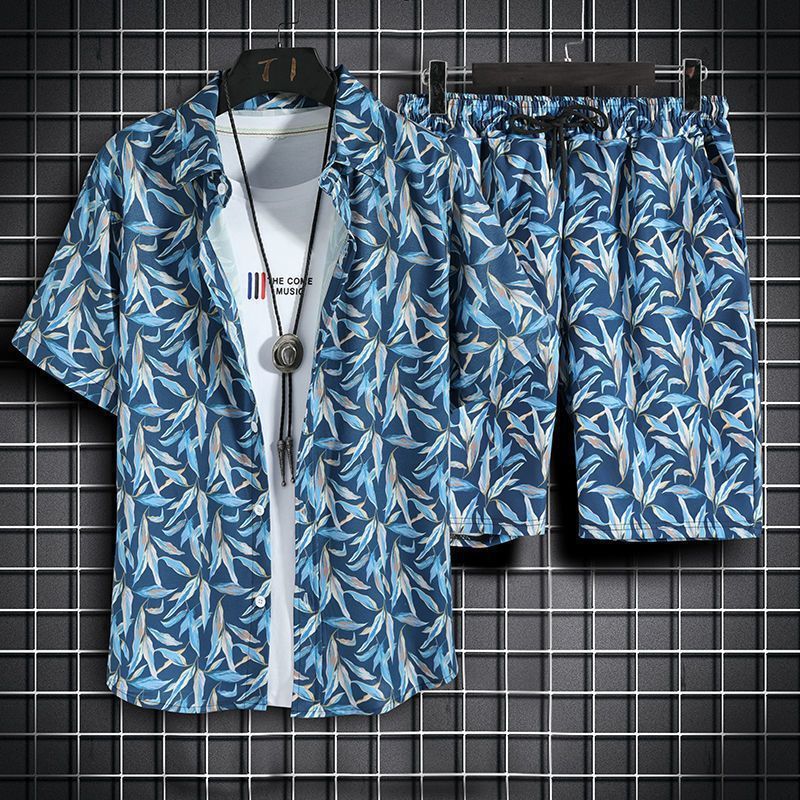 Mens Short-Sleeve Shirt And Casual Shorts Set