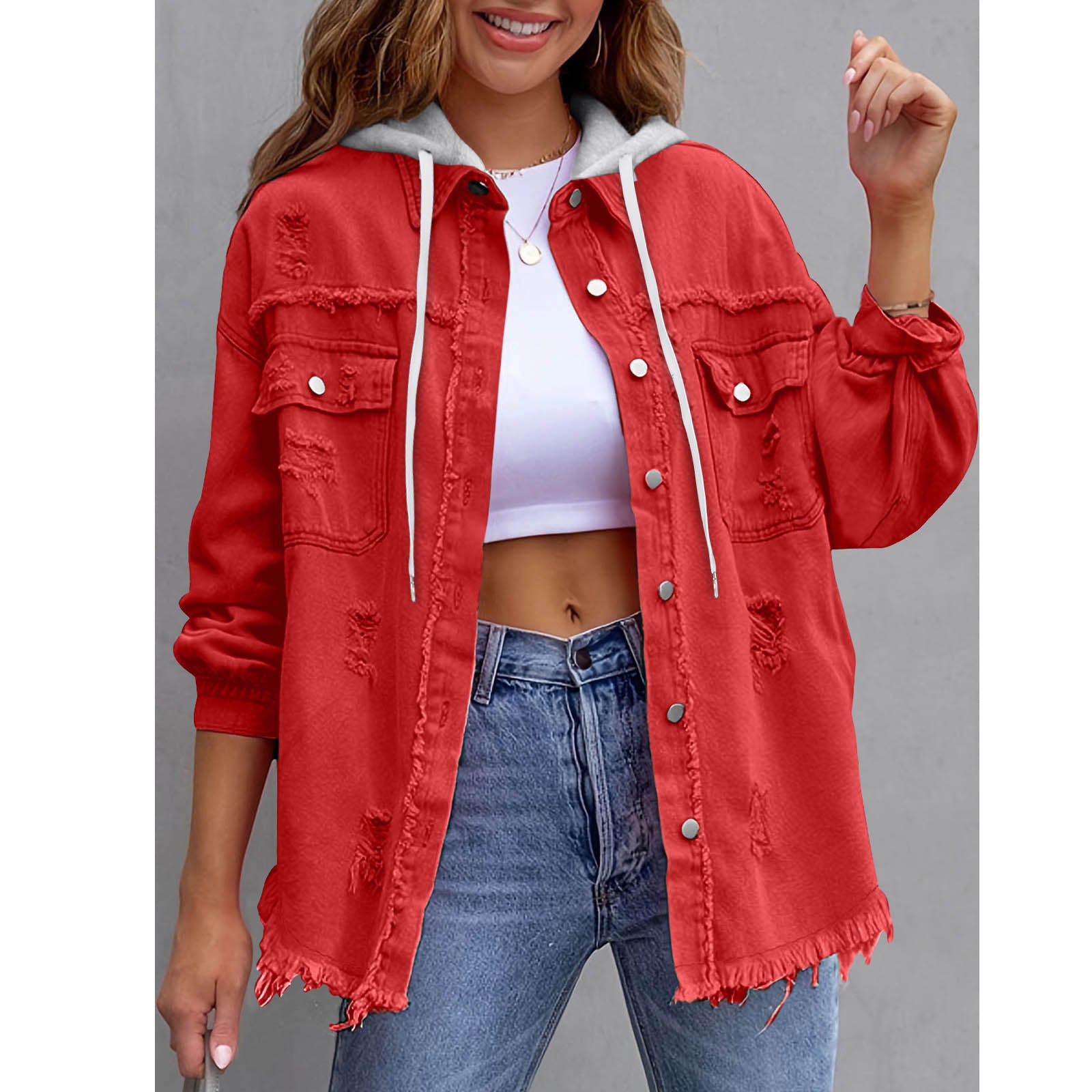 Women's Solid-Color Hooded Denim Jacket - 16 Colors Loose Fit