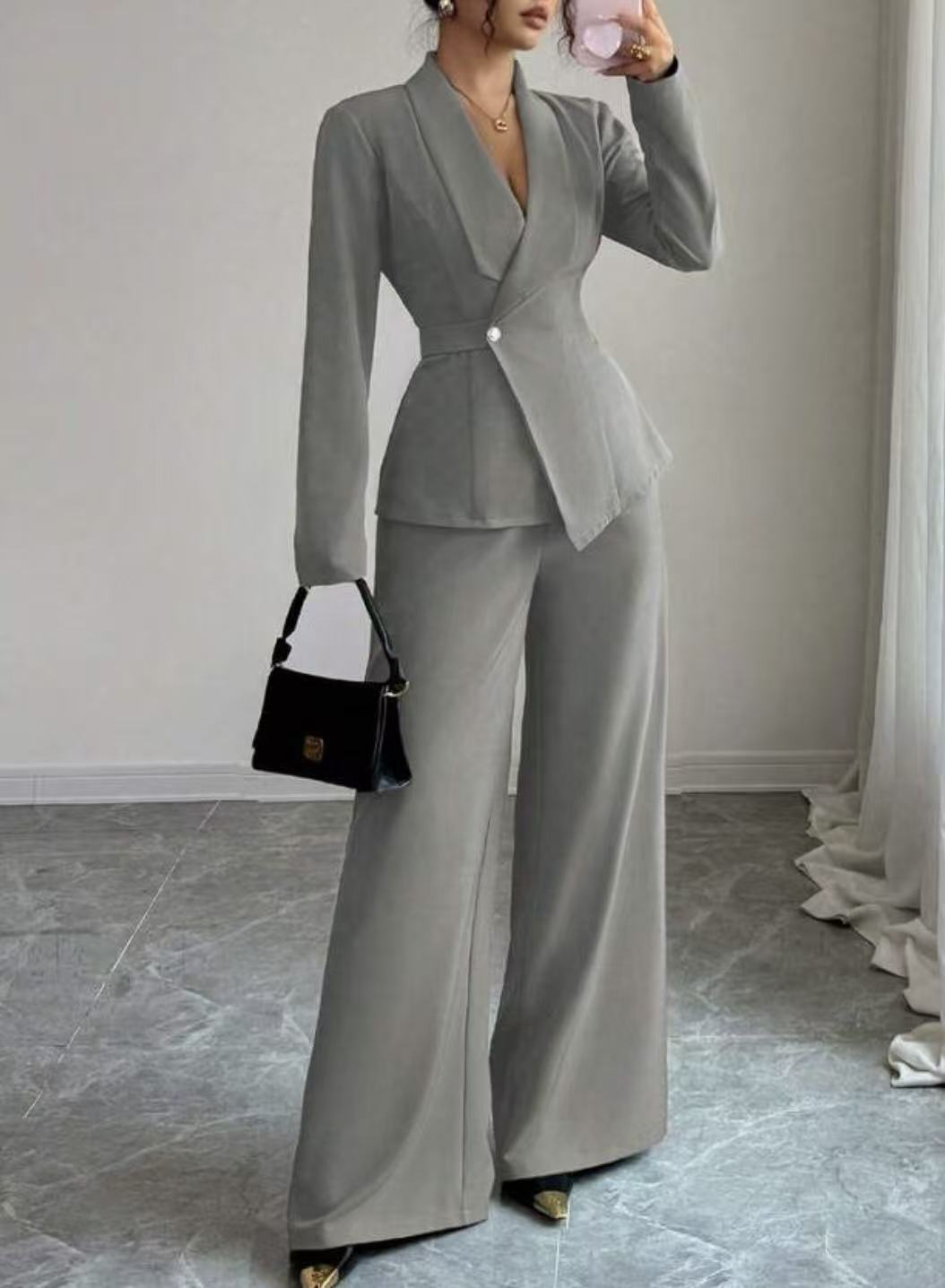 Women's Two-Piece Pants Set - Long Sleeve Top & Straight Leg Trousers