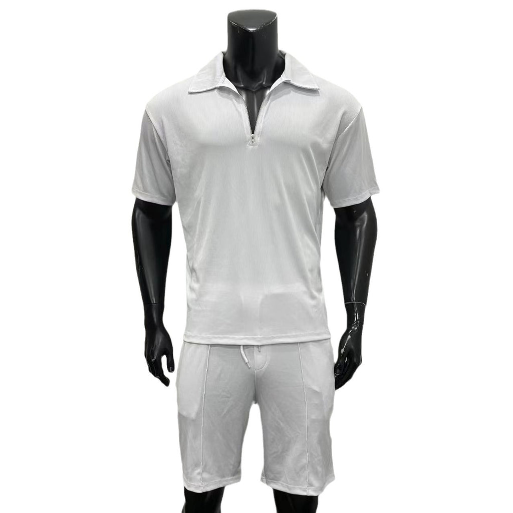 Men's 2-Piece Polo Set - Zipper Shirt & Drawstring Shorts Summer Outfit