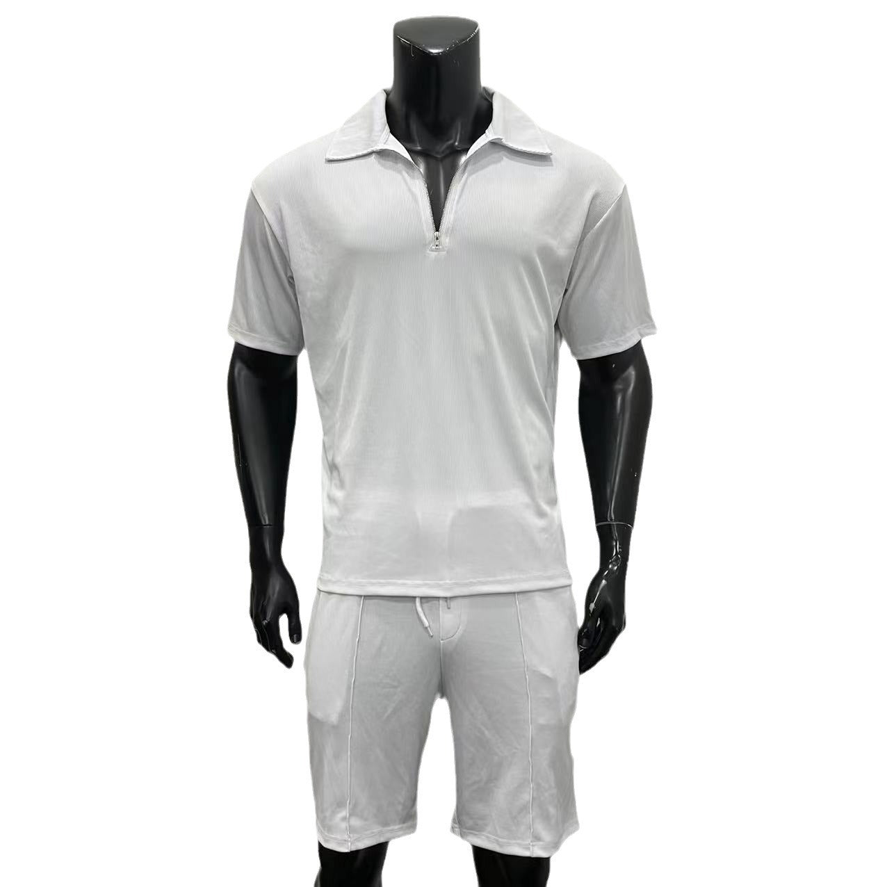 Men's 2-Piece Polo Set - Zipper Shirt & Drawstring Shorts Summer Outfit