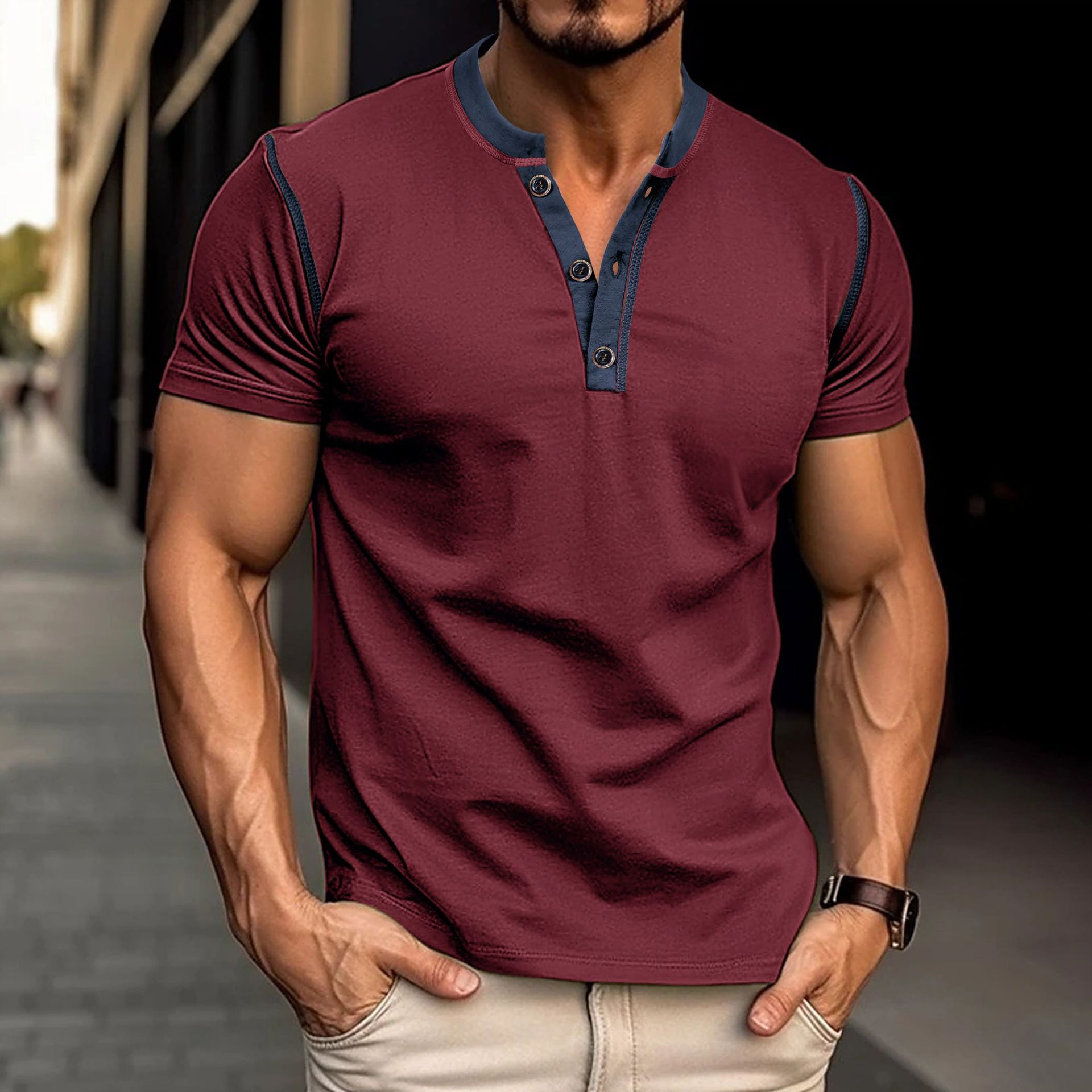 Men's Short Sleeve Polo Shirt - V-Neck Button-Up