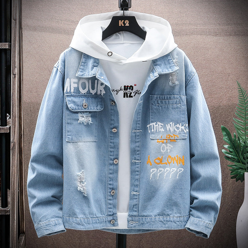 Men's Loose Gradient Denim Jacket - Thick Cotton Stand Collar