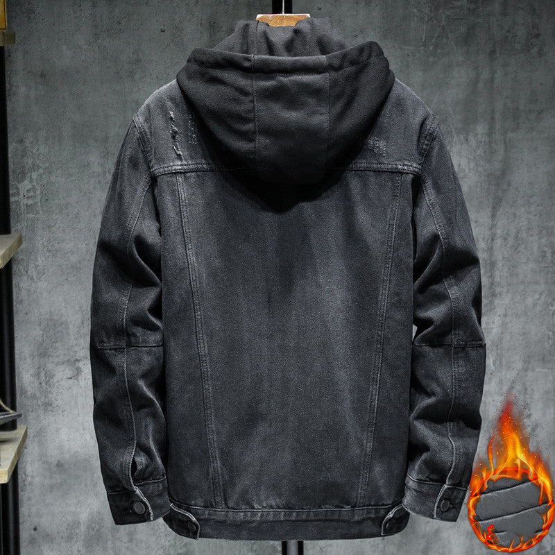 Men's Thick Hooded Denim Jacket - Winter Slim Fit Cotton