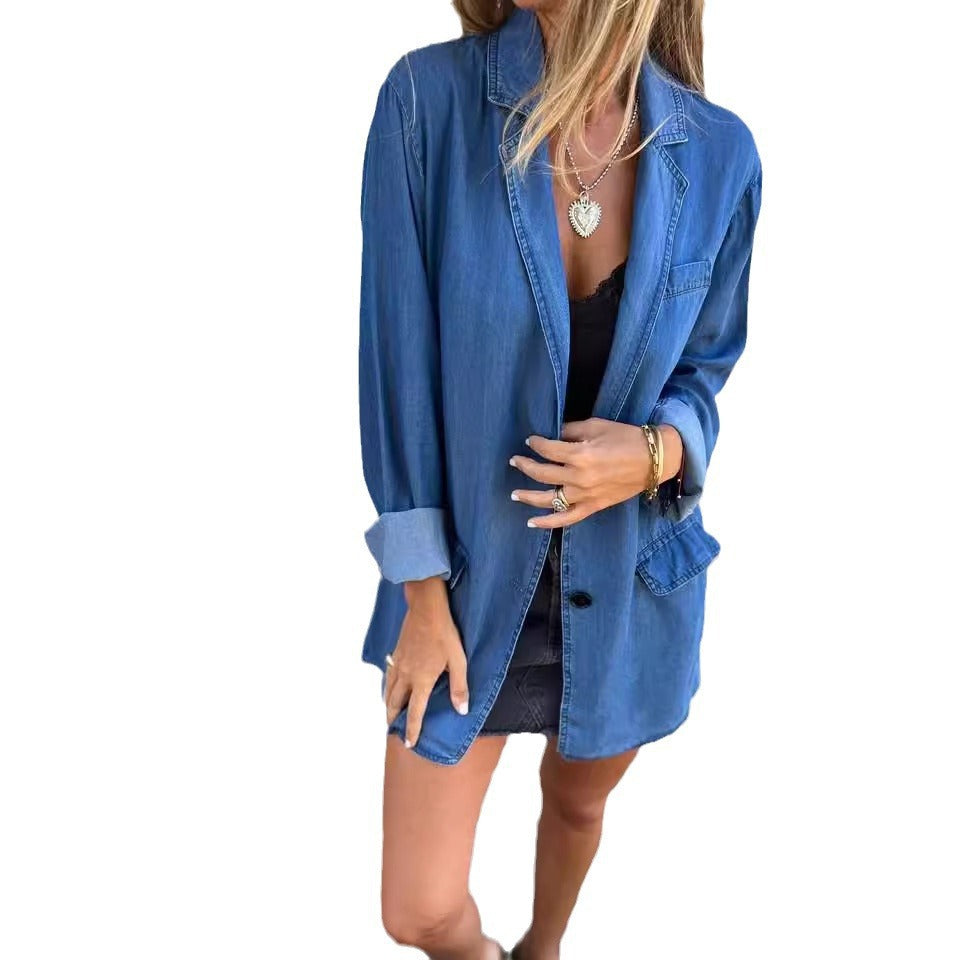 Women's Lapel Denim Shirt Jacket — Loose Fit Long Sleeve Streetwear