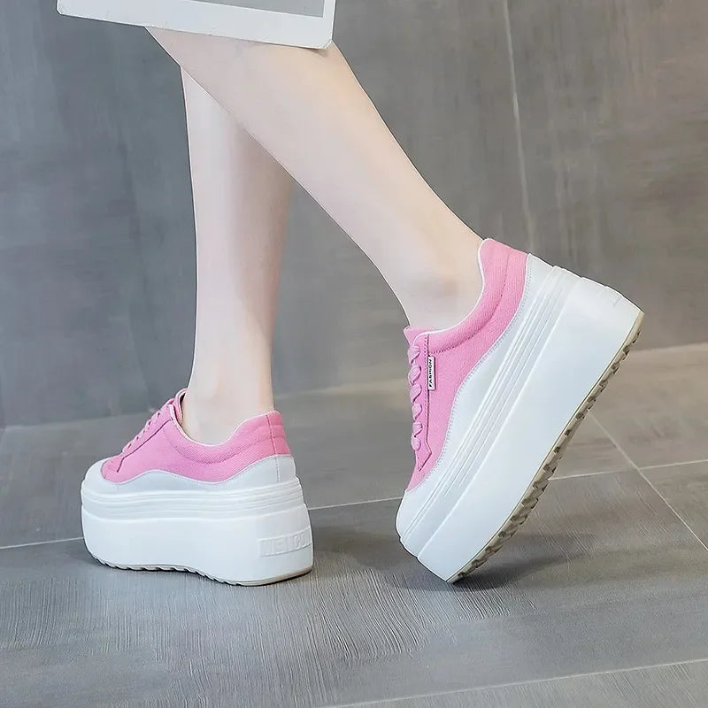Women's Platform Wedge Sneakers - 8cm Hidden Heel Canvas Shoes