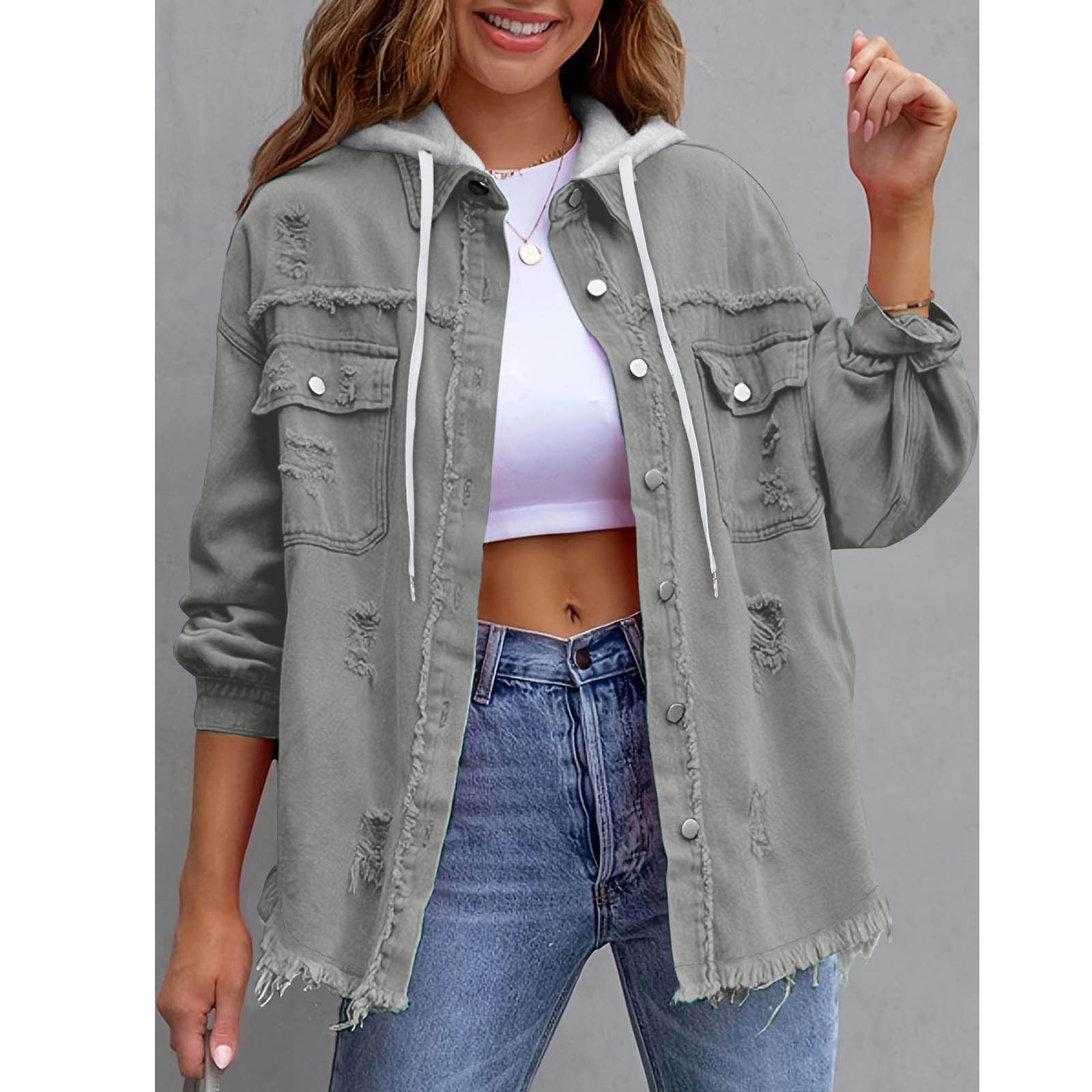 Women's Solid-Color Hooded Denim Jacket - 16 Colors Loose Fit